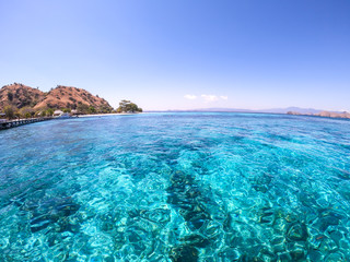 A close up on a calm surface of a sea with some islands in the back in Komodo National Park, Indonesia. The water is so clear that one can see the sea's bottom. Snorkelling spot