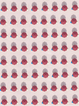 Indonesia, Bali, Aerial view of rows of red beach umbrellas