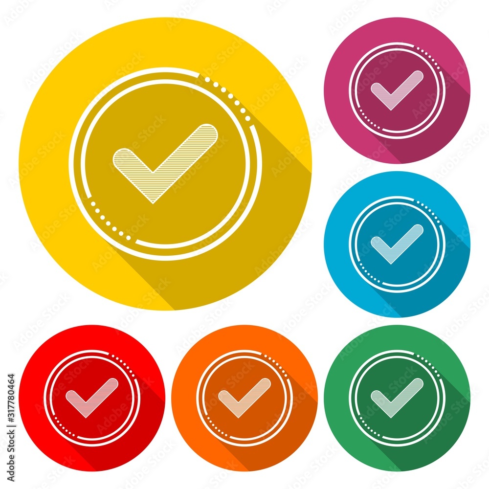 Poster check mark in circle icon isolated with long shadow