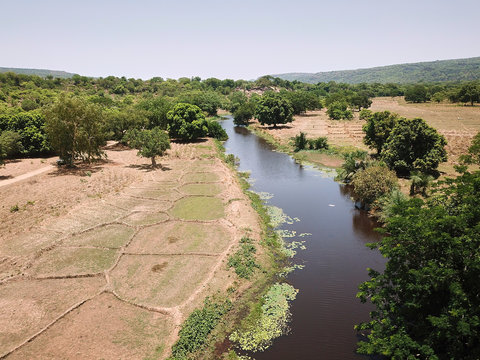 Burkina Faso, Aerial view of landscape with Komoe River and fields