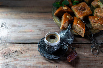 Ramadan kareem with arabic coffee. Arabian style. Ramadan breakfast concept. cy