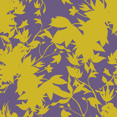 Seamless floral pattern with abstract garden plants. Flower silhouettes ornament. Botanical illustration. Petals, buds, blooming flowers and leaves. Background for wallpaper, textile, fabric, clothes.