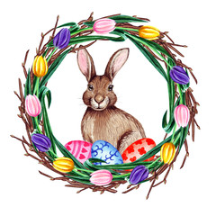 Watercolor spring easter wreath with eggs, rabbit, flowers and branches. Isolated on white background.