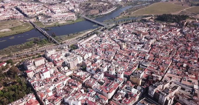 Aerial panoramic view of modern cityscape of Badajoz with Guadiana river, Spain