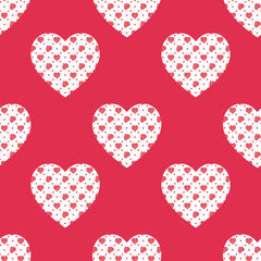 Seamless pattern of watercolor red hearts on a red background. Use for valentines day, wedding invitations, birthdays, menus and decorations