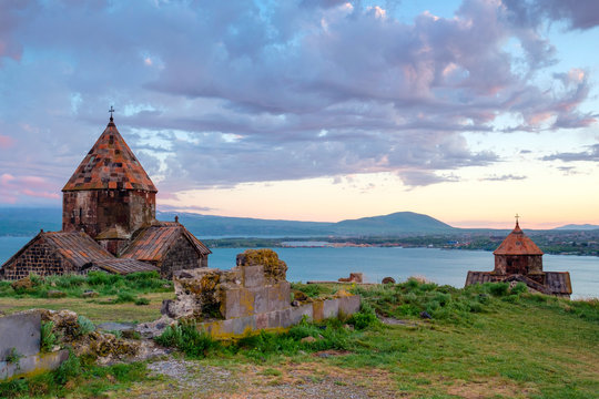 Sevanavank church on Lake Sevan at sunset, Sevan, Gegharkunik Province, Armenia