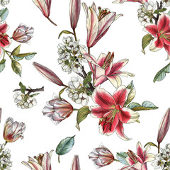 Floral seamless pattern with watercolor lilies, tulips and white apple blossom - 317783411