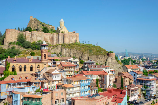 Narikala Fortress and historic buildings in Abanotubani bath district, Tbilisi, Georgia
