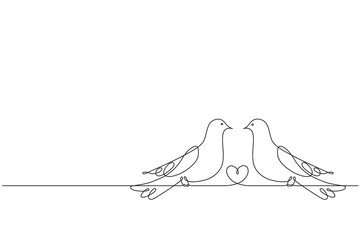 Couple of love birds and a heart. Continuous line drawing. Two enamoured pigeon and heart between them. A symbol of wedding, fidelity of love and family happiness. 