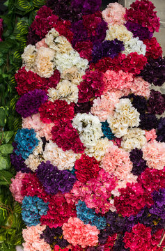 Floral art made of artificial flowers in view