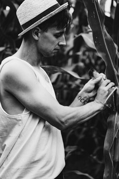 Portrait of a farm man in a hat in a field piching up the corn, b/w.