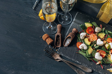 romantic veggie dinner for two on valentines day with champagne and salad