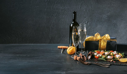 romantic veggie dinner for two on valentines day with champagne and salad © Mykhailovskyi