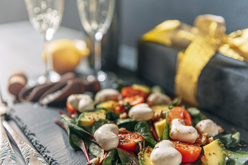 romantic veggie dinner for two on valentines day with champagne and salad