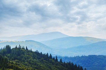 Landscape with forested mountains and cloudy sky_