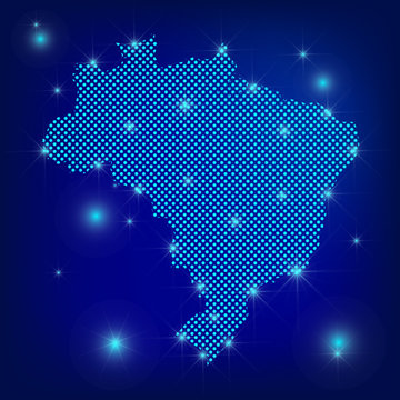 Brazil map in blue. Dotted map. Dots  Brazil map with spotlights on dark blue background.  Global social network.  Blue futuristic background with map of Brazil. EPS10