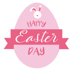 Colorful Happy Easter greeting card. Handwritten lettering with egg and rabbit elements composition. Trendy design for holiday greeting card and invitation of the happy Easter day. Pink colors. Vector