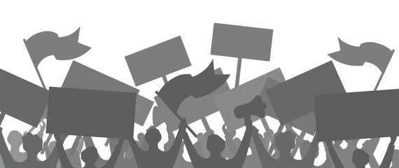 Silhouette of a crowd of protesting people. Conflict. Revolution. The meeting. Protest. People with flags and loudspeakers. Crowd with banners. Vector illustration. Background.