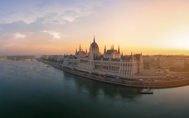 Europe Hungary Budapesr Cityscape. Parlimanet buildin. Danube river. Morning. Aerial