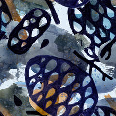 Abstract watercolor drawn elements. Seamless pattern made of geometric conceptual shapes. Brush strokes, paint smears, spots, stains and splashes. Watercolor paper texture, grunge background.