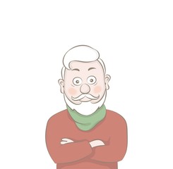 Portrait of happy old man with a mustache and beard,hipster crossing hands.Vector illustration in cartoon style.