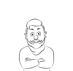 Vector illustration portrait of happy old man with a mustache and beard,hipster crossing hands.Linear silhouette on a white background.