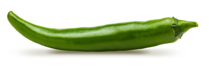 1 fresh green chilli pepper. Isolated on white background.