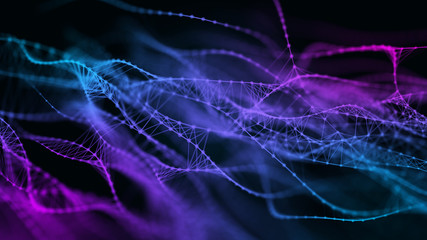 Molecular background with DNA. 3d rendering. Futuristic sci-fi user interface concept with gradient dots and lines. Big data.