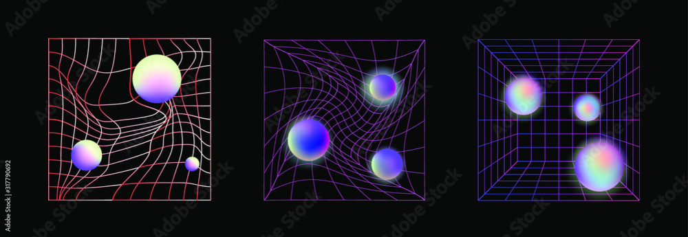 Poster laser grid with glowing neon spheres on dark background. vaporwave and synthwave style illustration.