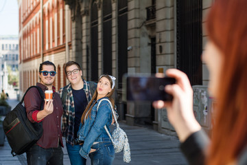 Group of tourists sightseeing the city