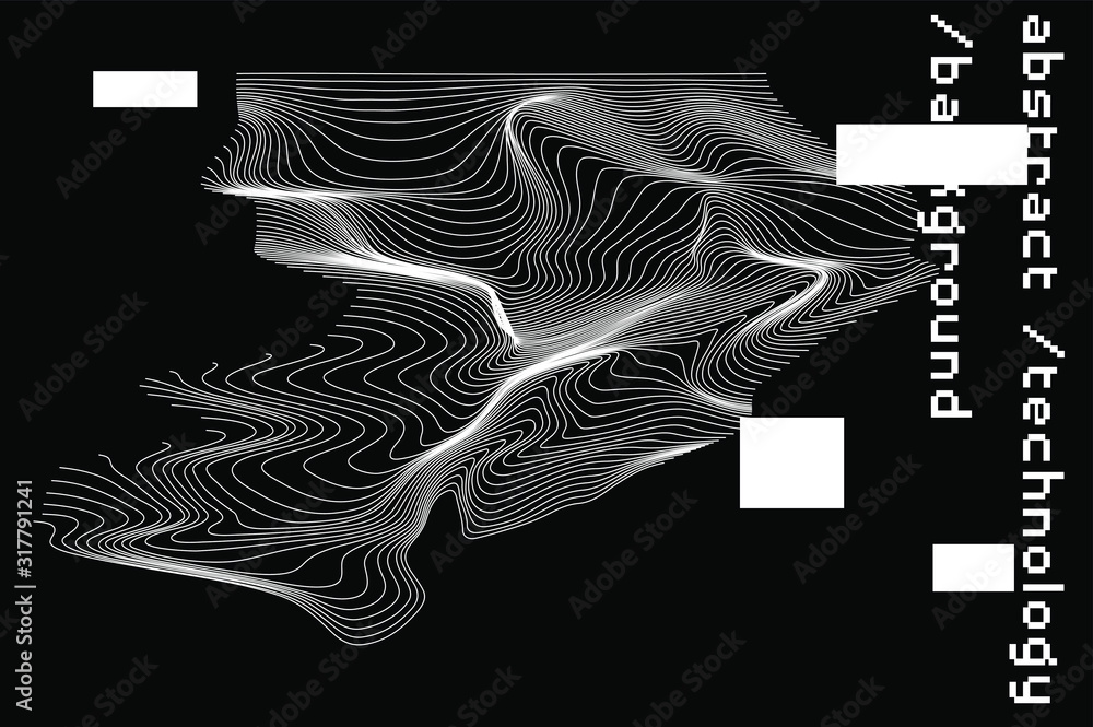 Poster Abstract black and white background with generative art elements.  Futuristic and glitched shapes in cyberpunk style.