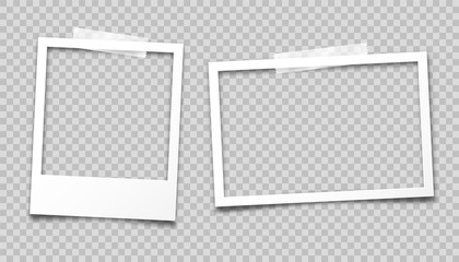Realistic empty photo card frame, film set. Retro vintage photograph with transparent adhesive tape. Digital snapshot image. Template or mockup for design. Vector illustration.