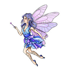 Cute blue hair fairy with pink wings and wand