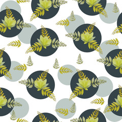 Watercolor seamless pattern with yellow-green lily flowers and sprigs.