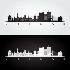Gdansk skyline and landmarks silhouette, black and white design, vector illustration.