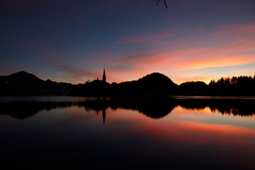 Lake Bled and the small island in the middle at sunrise, Bled, Slovenia