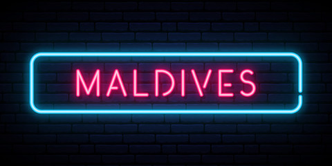Maldives neon sign. Bright light signboard. Vector banner.