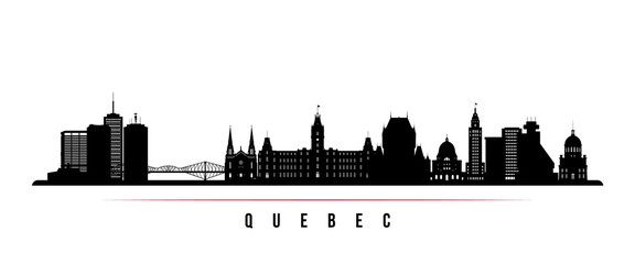 Quebec skyline horizontal banner. Black and white silhouette of Quebec, Canada. Vector template for your design.