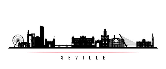 Fototapeta premium Baner poziomy Sevilla skyline. Czarno-biała sylwetka Sewilli, Hiszpania. Szablon wektor dla swojego projektu.