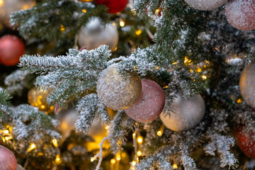Christmas decorations with balls and snow