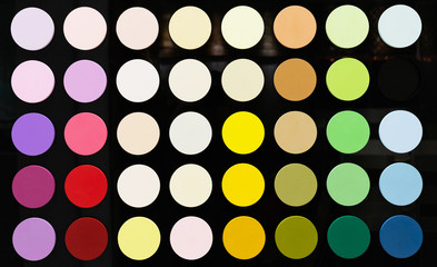 Circles with a color palette on a black glossy background. Сolor palette from saturated colors to neutral.