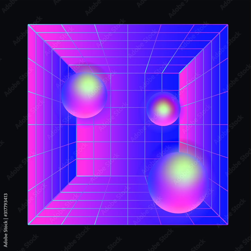 Poster laser grid with glowing neon spheres on dark background. vaporwave and synthwave style illustration.