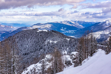 Fototapeta na wymiar Beautiful mountain view from Monte Lussari in Tarvisio, Friuli Venezia Giulia, Northern Italy.