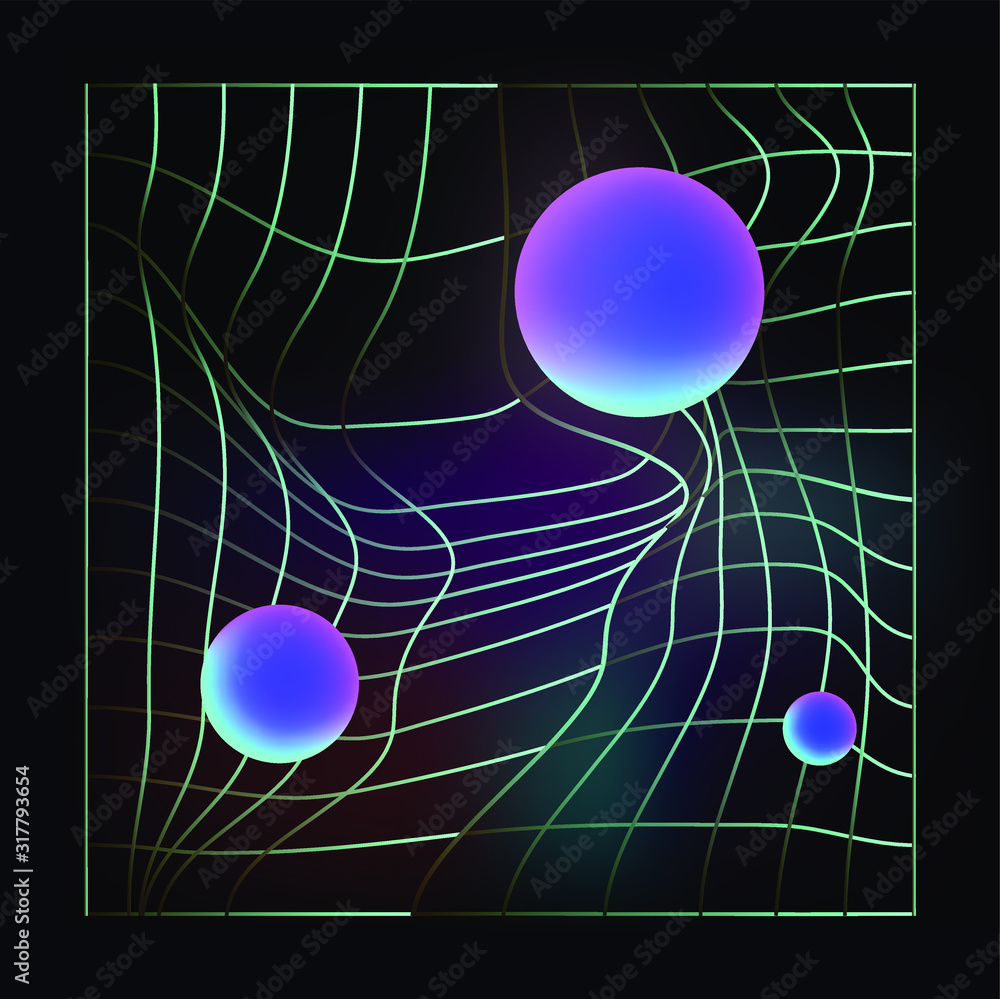 Poster laser grid with glowing neon spheres on dark background. vaporwave and synthwave style illustration.
