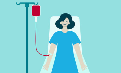 Woman in a hospital with blood in a medical dropper. Flat design. Vector illustration