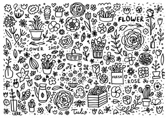 Doodle about a flower shop: flower baskets, boxes, buds, leaves, bouquets, potted flowers, cacti,