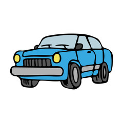 Blue cartoon car. Front and side view. Vector hand drawing. Isolated object on a white background. Isolate.