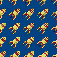 Yellow space rockets. Seamless pattern. Vector drawing. Replaceable blue background. Texture.