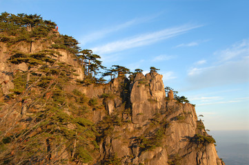 Huangshan Mountain in Anhui Province, China. View at sunrise near Stone Monkey Watching the Sea viewpoint with rocky cliffs and pine trees. Scenic view of peaks and trees on Huangshan Mountain, China.