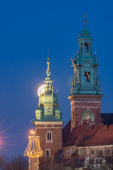 Wawel cathedral towers and full moon, Krakow, Poland